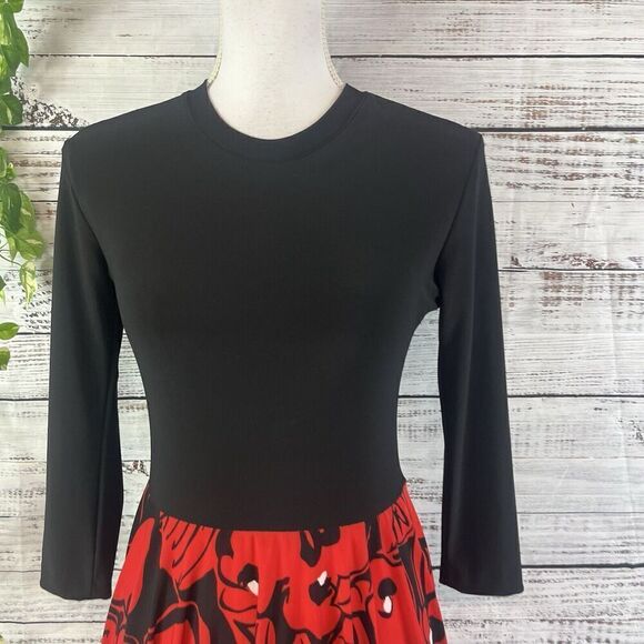 Kamalikulture Dress sz Small Black Red Floral Stretch Knee Modest Career Church - Picture 6 of 16